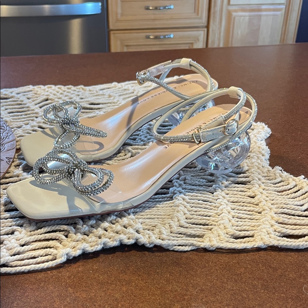 Beige Crystal-Embellished Slingback Sandals